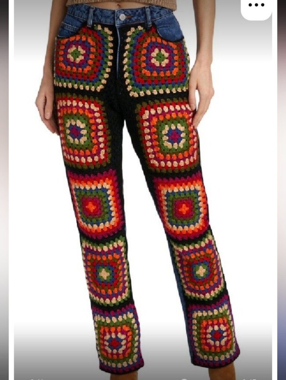 FARM Rio Denim Jeans with Multicolor Crochet Squares sz L